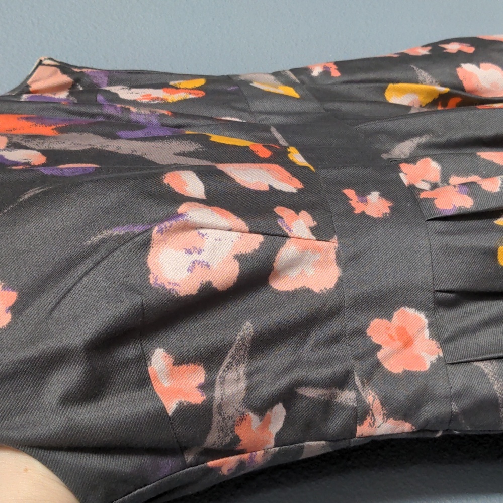 sz 6 Grey floral tea length dress sleeveless pockets fully lined hidden zipper - Picture 4 of 13
